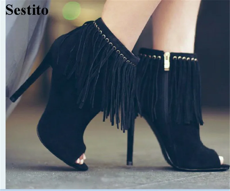 

2018 Autumn Sexy Black Flock Fringe Woman Boots Peep Toe Ankle Boots For Women Super High Thin Heels Short Boots Zip Women Shoes