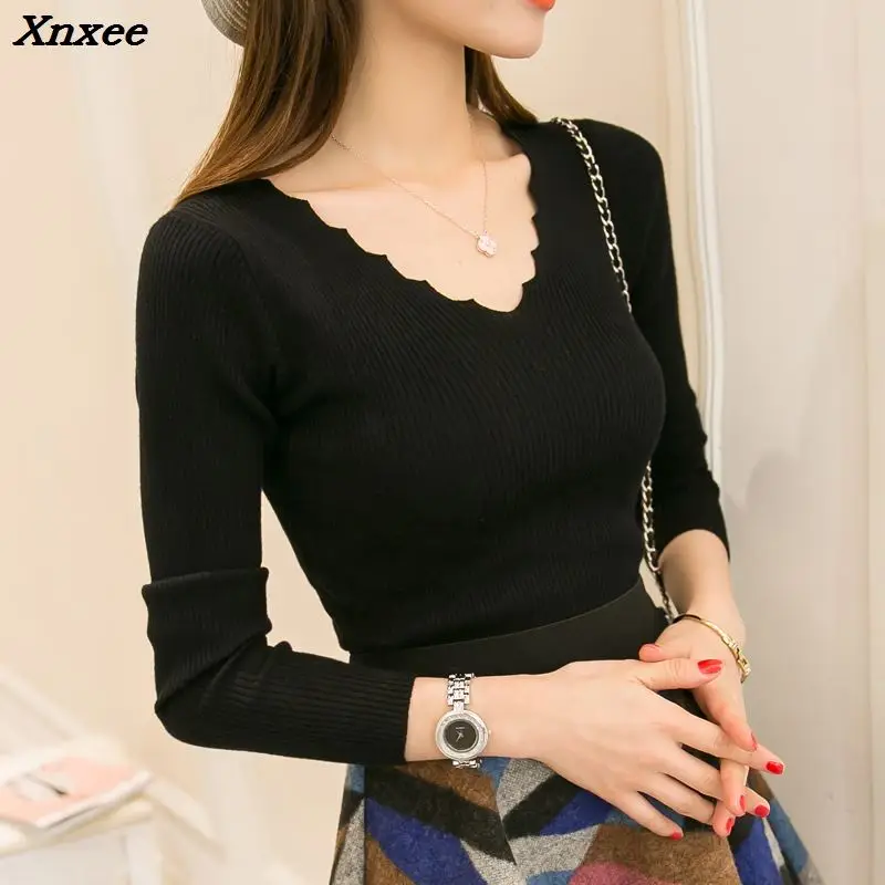 2018 Autumn new Fashion women sweater elegant female thin V neck sweaters women slim long sleeve Knitted Pullovers tight sweater