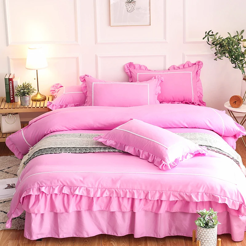 Romantic Luxury pink Lace Bedding Set Korean Ruffled Bed ...
