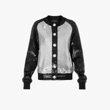 Черный с серебряными пайетками вечерние туфли, университетская куртка с длинными рукавами, пуговицами, застежка спереди, ребристые отделки золото рельефные кнопки с круглым вырезом