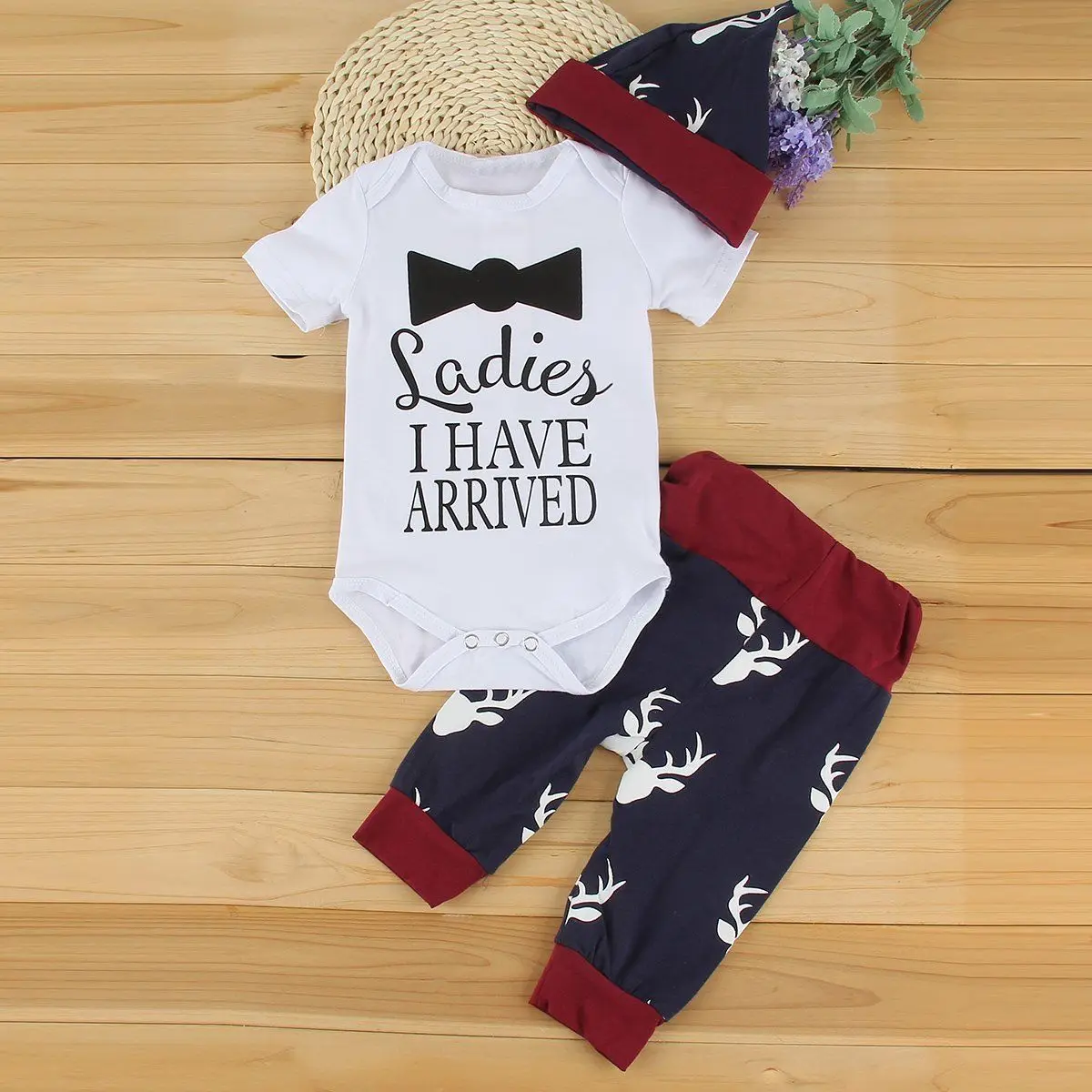 

3PCS Infant Newborn Baby boy girl Clothes Set Gentleman Bow Tie Romper+Deer Pants+Hat Infant Kids Xmas Clothes Set