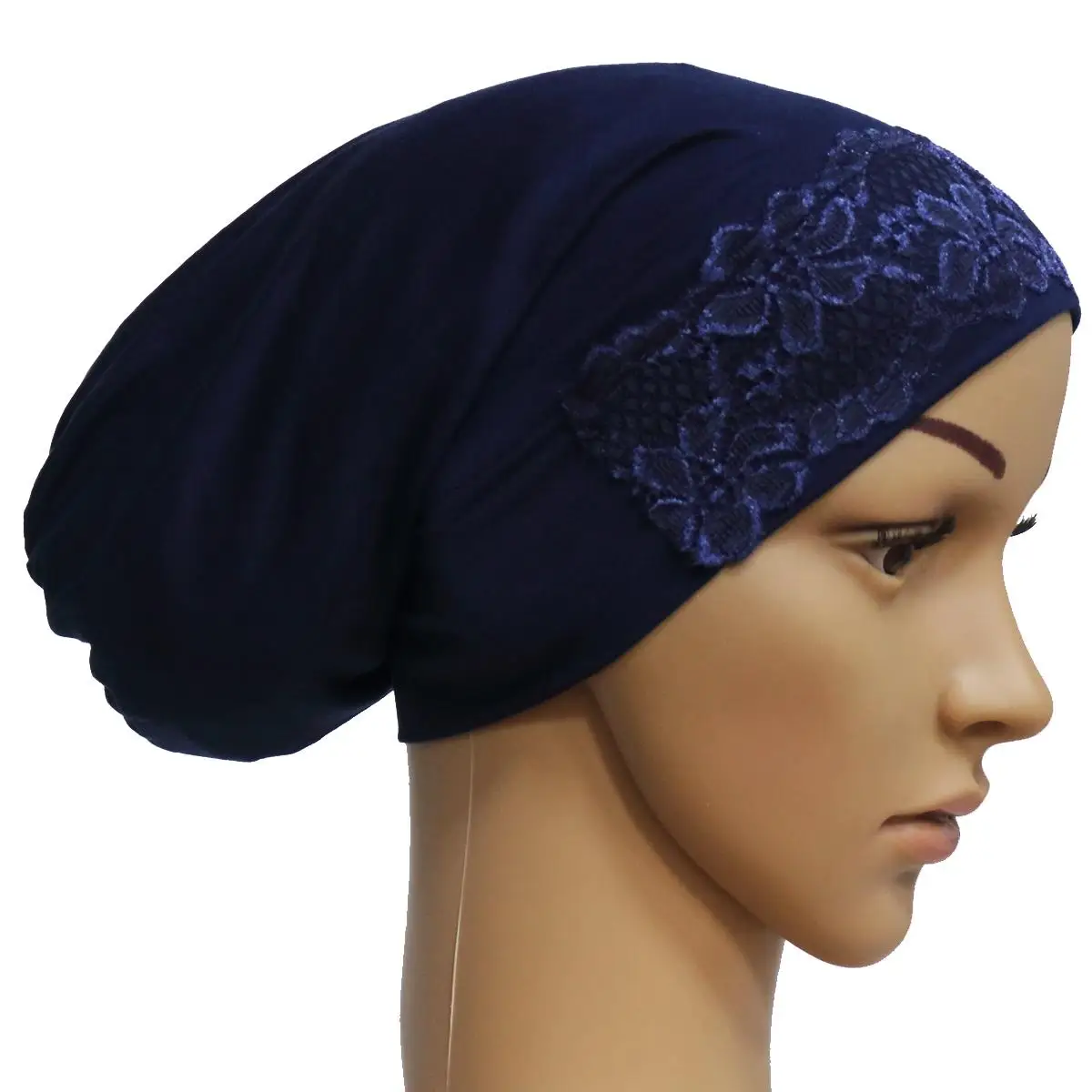 Разноцветный мусульманский внутренний хиджаб, Женский хиджаб, головной платок, исламский головной убор, колпачок, трубчатый шарф, мерсеризованный хлопок, хиджабы, кружево - Цвет: 07 dark blue