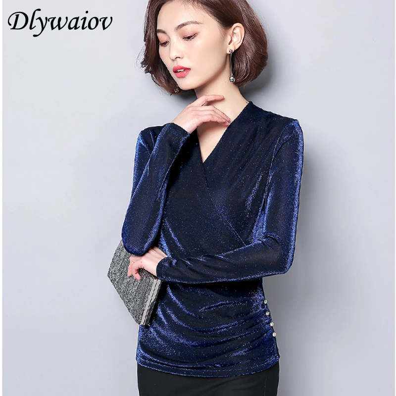  V Neck Blouse Women Fashion Temperament Gold Velvet button Plus Size Female Shirts Spring Korean Bo