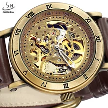SHENHUA Retro Skeleton Mechanical Watch Men Bronze Steampunk Retro Leather Sport Automatic Wrist Watches Relogio Masculino