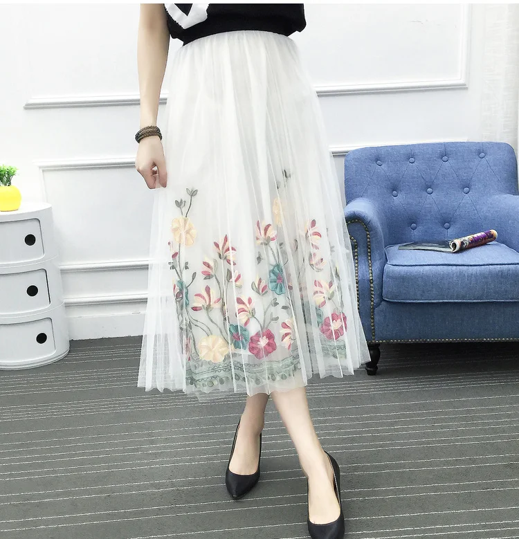 Летняя сетчатая трапециевидная юбка-пачка с цветочной вышивкой Женская открытая длинная Плиссированная Изысканная элегантная женская юбка для вечеринок