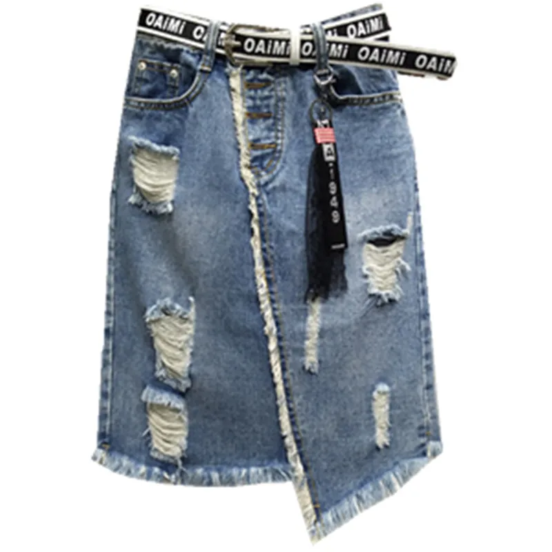 

plus size 2XL hole denim skirt single breasted high waist package hip Asymmetry jeans skirt