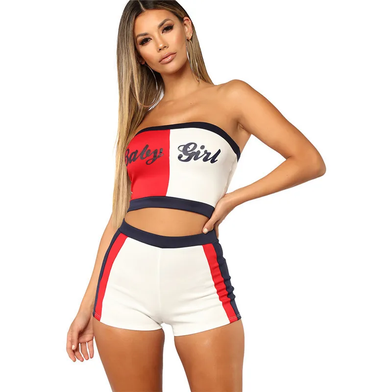 

Fitness Suit Sexy 2 Piece Set Summer Contrast Color Letter Print Strapless Crop Top + Side Striped Fit Slim Shots Lady Tracksuit
