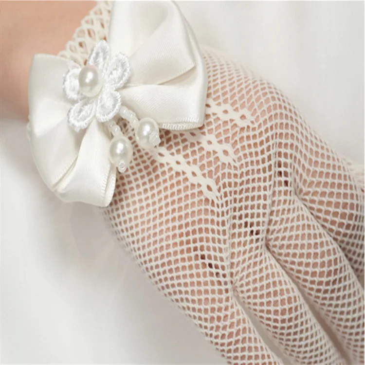 Белые свадебные перчатки с цветочным узором для девочек, кружевные сетчатые Свадебные перчатки с бантом, сетчатые перчатки принцессы, 3SZ60072