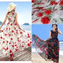 3D тюль кружевной ткани с красным 3D шифоновая Роза Цветы Аппликации, свадебное платье кружева ткань по двору