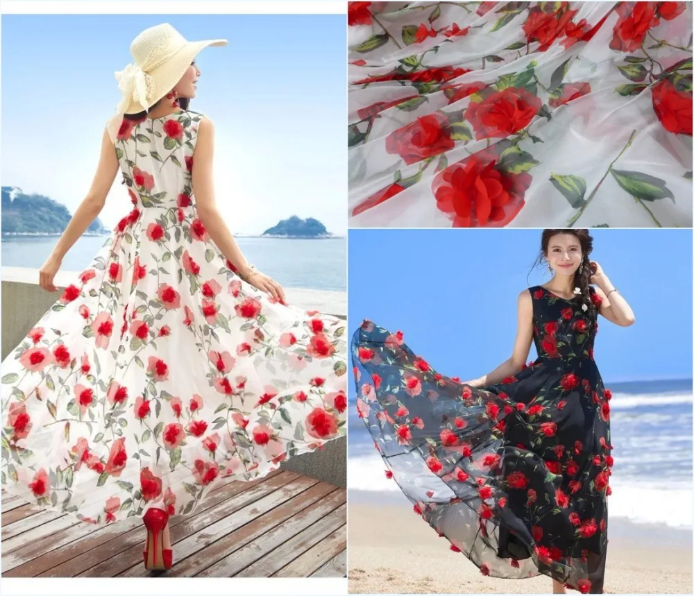 

3D tulle lace fabric with Red 3D chiffon rosette flowers appliques, wedding gown bridal dress fabric by yard