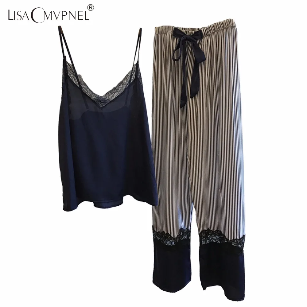 

Lisacmvpnel Ice Silk Women Pajamas Rayon Spaghetti Strap Nightdress+Long Style Pant Set Casual Women Homewear