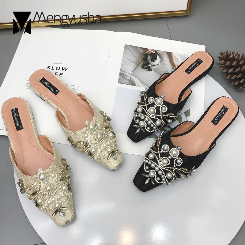 Elegant lace closed toe slippers women european brand pearl flowers ...