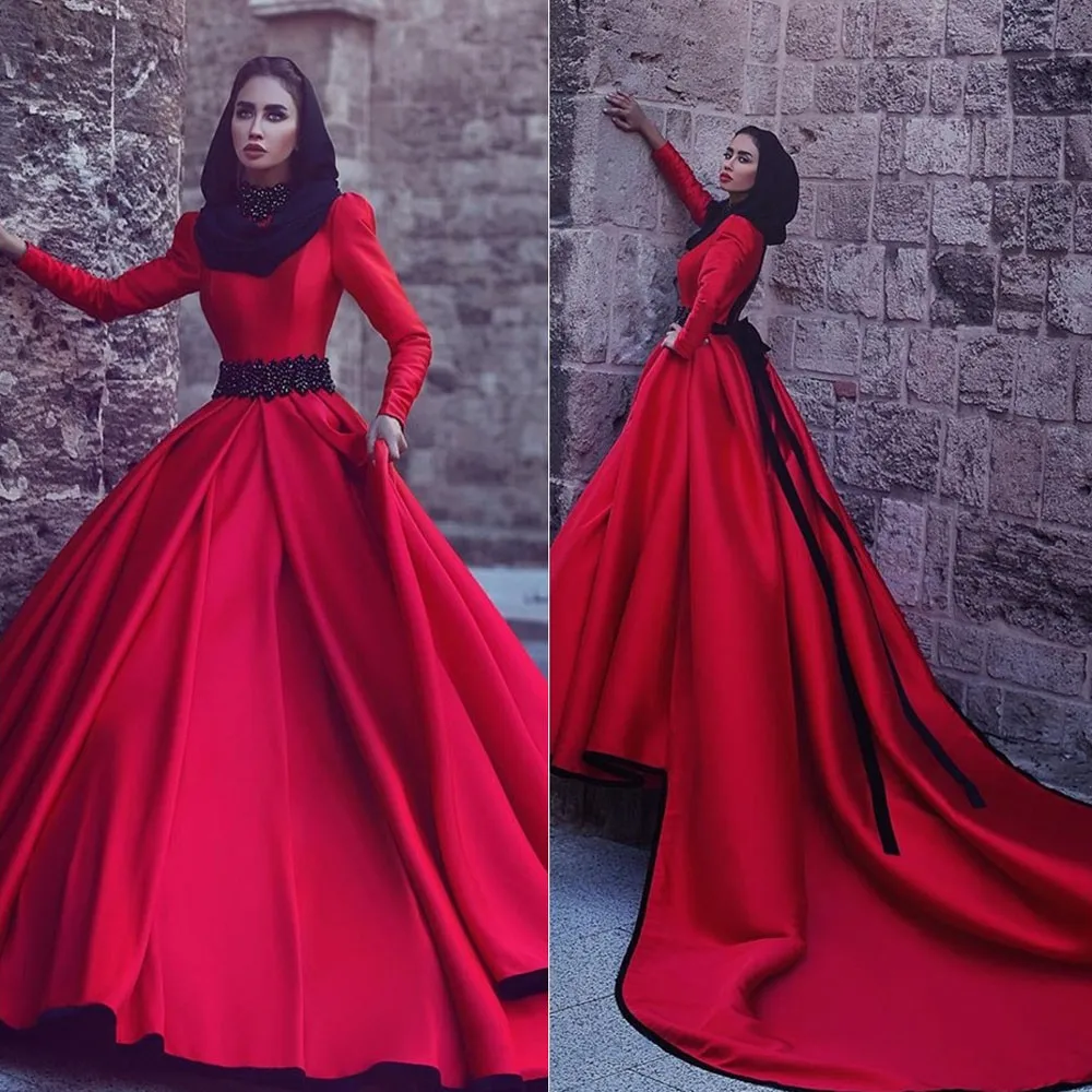 Арабский турецкий Исламская мусульманское свадебное платье с хиджаб Gelinlik 2019 длинным рукавом принцесса красный свадебное платье Винтаж на