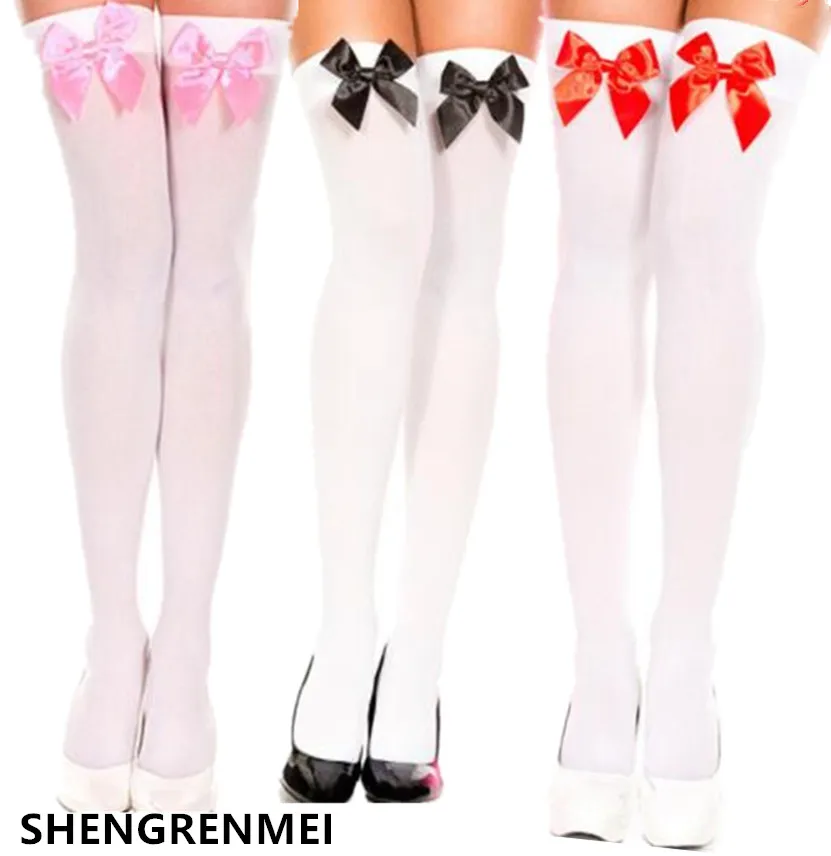 

SHENGRENMEI Women Stockings For Halloween Costume Fashion White Pink Black Red Bow Stocking High Girls Sexy Thigh High Stockings