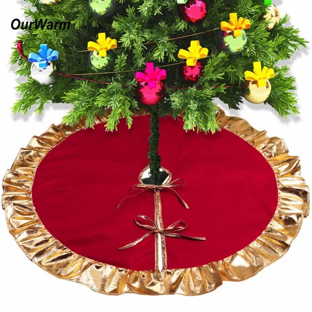 ourwarm 1pc 90cm red christmas tree skirt with golden ruffle edge