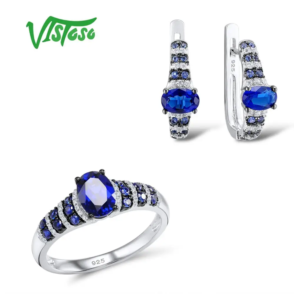 VISTOSO Jewelry Sets For Woman Blue Nano Cubic Zirconia Stones Jewelry Set Earrings Ring 925 Sterling Silver Fine Jewelry       