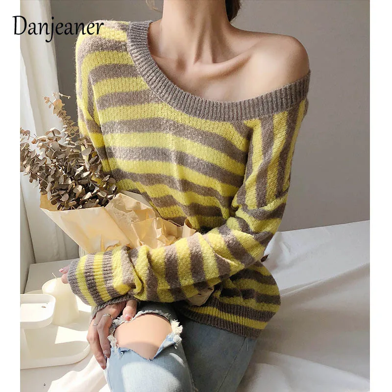 Danjeaner Sexy Off Shoulder Striped Knitting Pullovers Autumn 2018 Women Casual Long Sleeve Sweaters Knitted Jumpers Pull Femme Sweaters