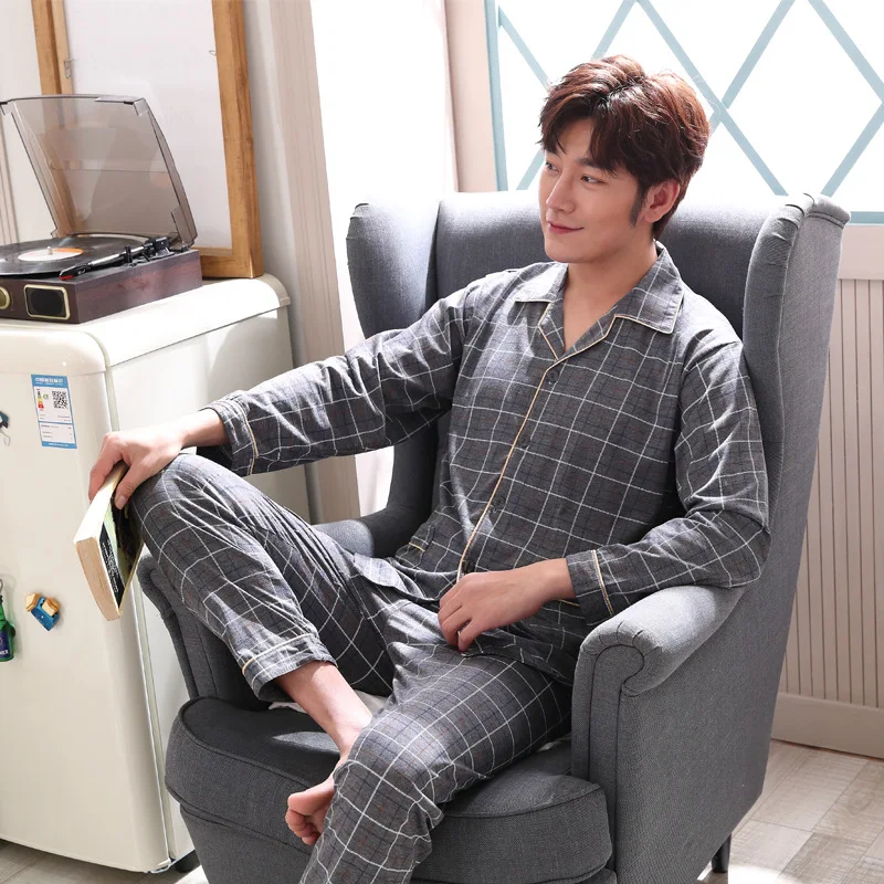 

2019 Man Sleep Lounge Pajamas Men Loosen Sleepwear Sets Man Nightgowns Mens Homewear Set Gay Adult Young Male Plaid Pyjamas