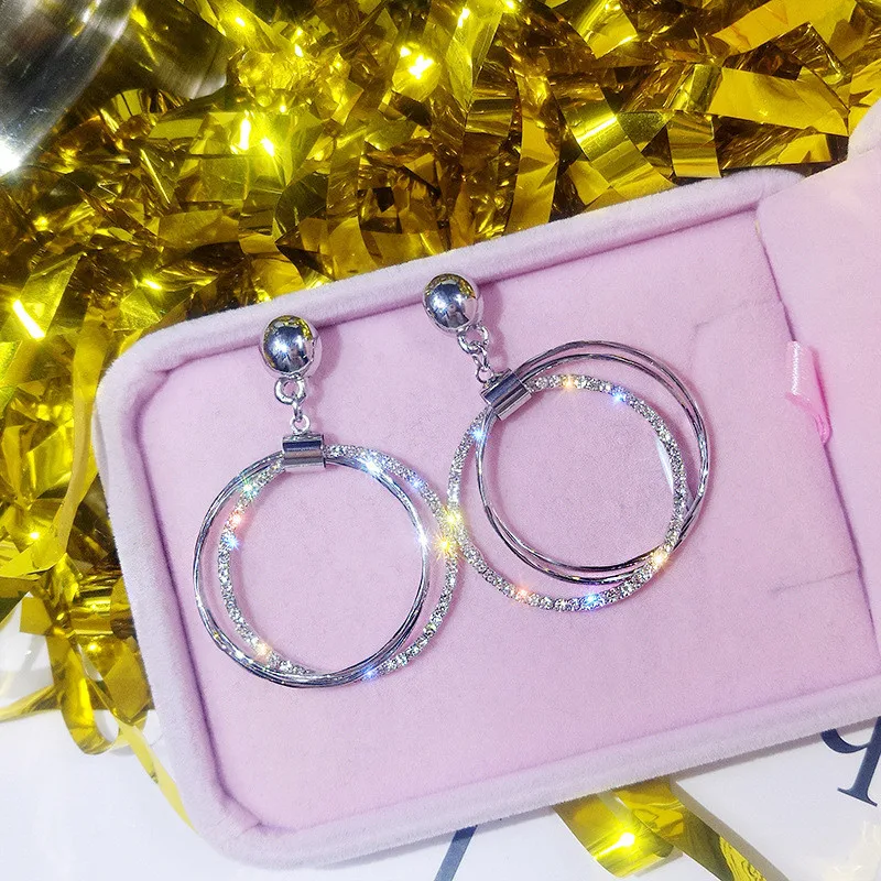FYUAN модные круглые геометрические Висячие серьги для женщин Bijoux Золотой Серебряный Цветной Круг Стразы Висячие серьги вечерние ювелирные изделия - Окраска металла: silver