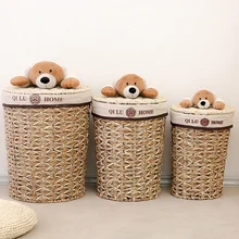 Cartoon bear dirty clothes storage baskets with lid for kids eco-friendly laundry straw weave basket toy storage box with lining