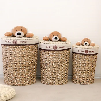 

Cartoon bear dirty clothes storage baskets with lid for kids eco-friendly laundry straw weave basket toy storage box with lining