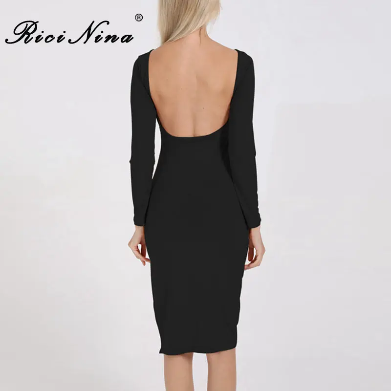 RICININA 2019 Women Backless Dress Woman O-Neck Long Sleeve Slit Knee-Length Dress Vestidos Ladise Spring Sexy Bodycon Dresses