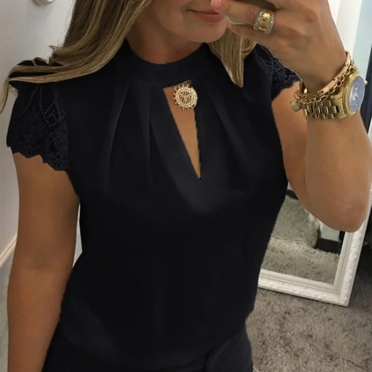 Fanbety, модная женская блузка, женская летняя офисная блуза с галстуком-бабочкой, топы, элегантные сексуальные кружевные шифоновые блузки 5XL - Цвет: 02 black