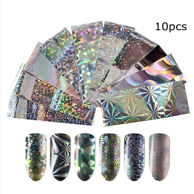 

10Pcs/ Set 4*20cm Nail Foils Polish Stickers Holographic Silver/Gold Color Starry Paper Transfer Foil Wraps Nail Art Decorations