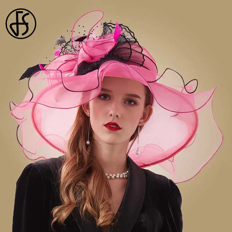 

FS Yellow Blue Pink Kentucky Derby Hats Women Organza Flower Big Wide Brim Beach Sun Hat Ladies Wedding Foldable Fedoras