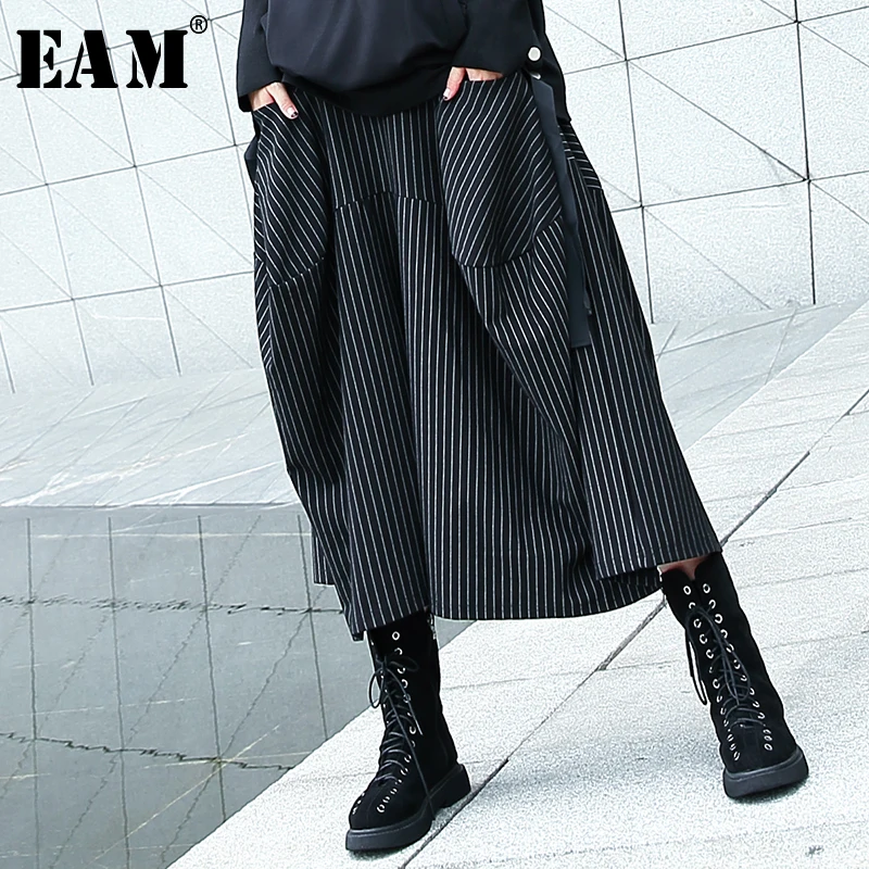 

[EAM] 2019 New Autumn Winter High Elastic Waist Black Striped Big Pocket Stitching Wide Leg Pants Women Trousers Fashion JH787