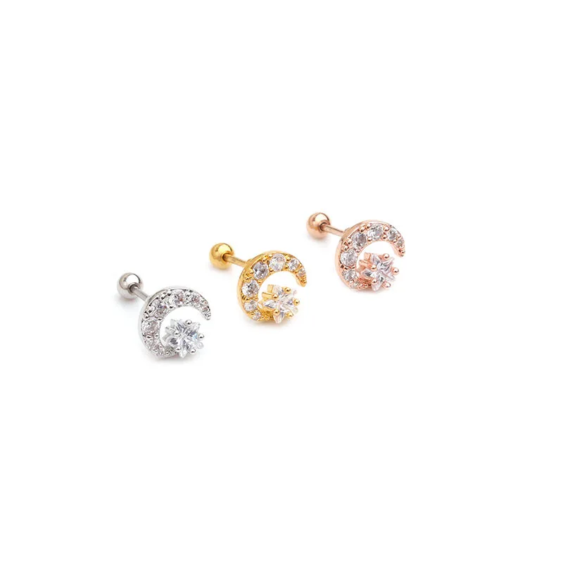 

20G Stainless Steel Star Moon Thin Rod Stud Earrings Mini Screw Earrings Cz Ear Sweep Tragus Helix Cartilage Studs Rook Piercing