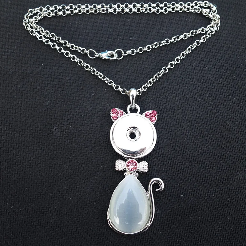 

Metal Opal Stone Cat 18mm Snap Buttons Pendant Necklace Fashion 50cm Link Chain Jewelry