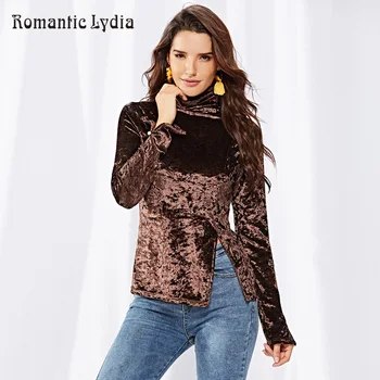 

2018 Winter Velvet Tops Women T Shirt Fashion Shiny Slit Turtleneck Long Sleeve T-shirt Ladies Casual Velour Tops Tees