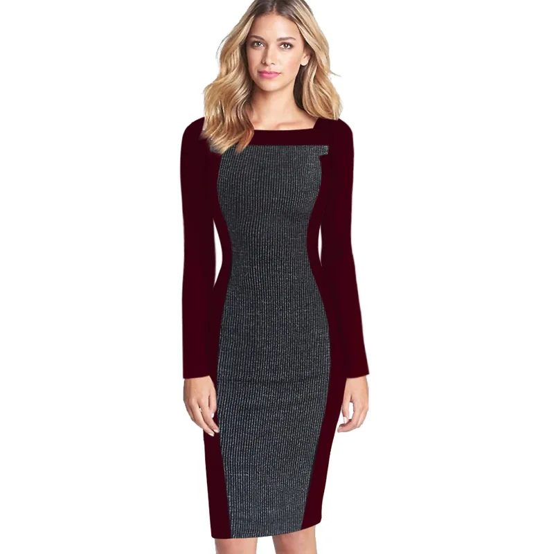 Square Neck Patchwork Long Sleeve Bodycon Dresses