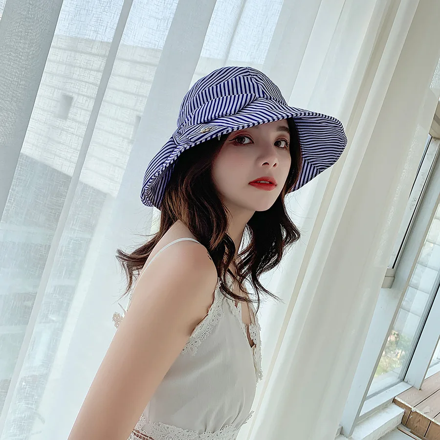 

New fashionable striped Fisherman Hat Lady with brick pearl Art Korean bow sunshade hat