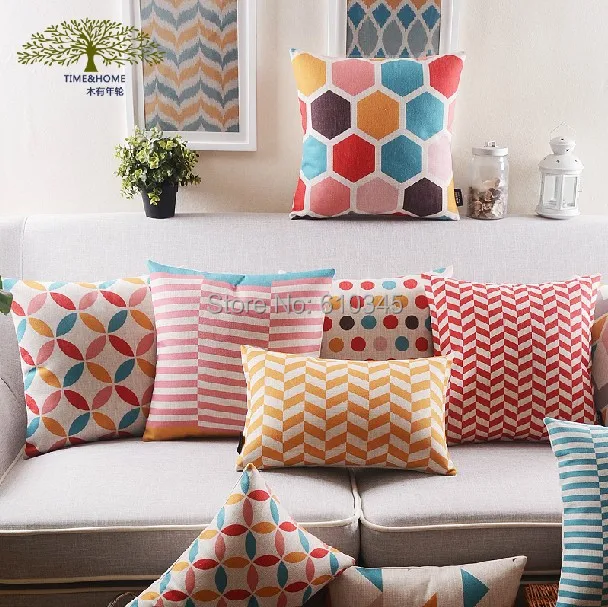 

Colorful Abstract Geometric Home Decor cushion Chevron Linen cotton pillow Poka Dot sofa cushions Throw Pillow Free Shipping