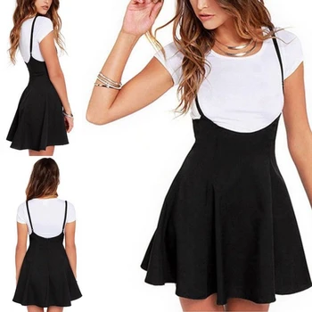 

Hot Women Belt High Waist Suspender Skirt Pastel Skater Flared Pleated Solid A-line Mini Dress