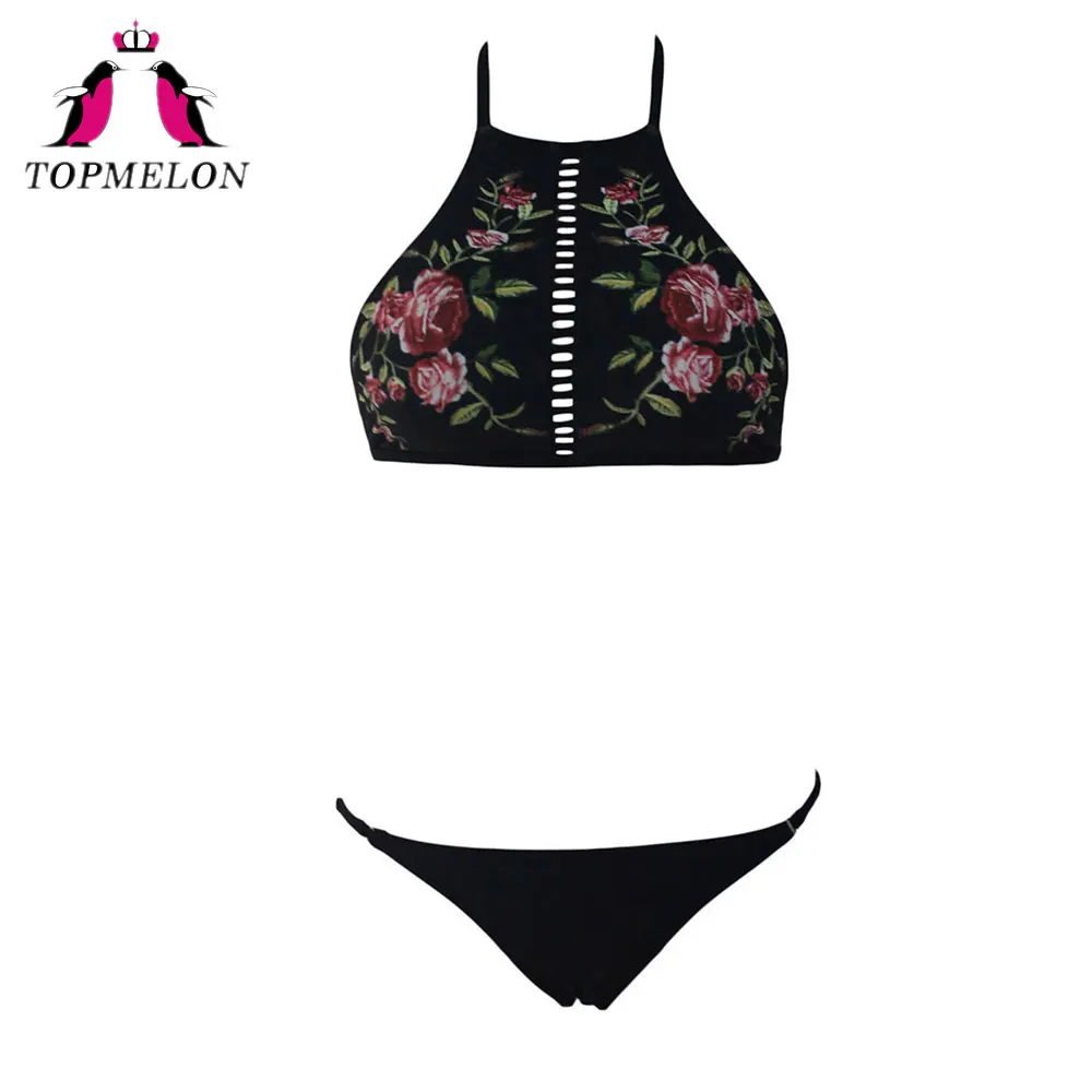 

Topmelon Women Bikini Set Print Floral High-Neck Lace-Up Swimwear 2017 Triangle Black Sexy Low Waist Bikini Set Women Bikini Set