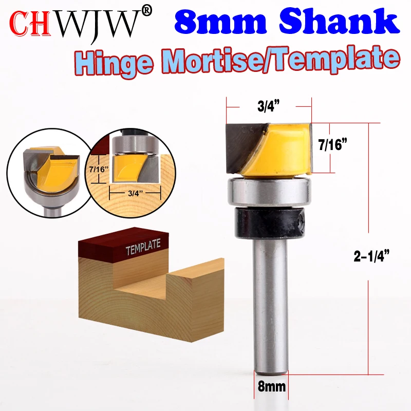 8mm Shank 1Pc 3//4/" Hinge Mortise Flush Trim Template Router Bit