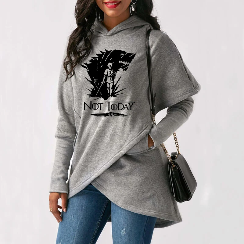 

Not Today Arya Stark Wolf Print Hoodies Women Irregular Sweatshirts Femmes Game Of Thrones Autumn Sweet Long Sleeve Autumn Tops