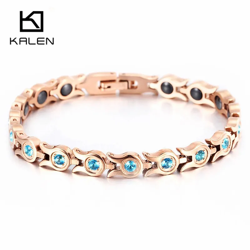 

Kalen 7mm Width High Quality Health Women Bracelet Bangle Stainless Steel Blue CZ Stone Magnetic Care Jewelry Rose Gold Color