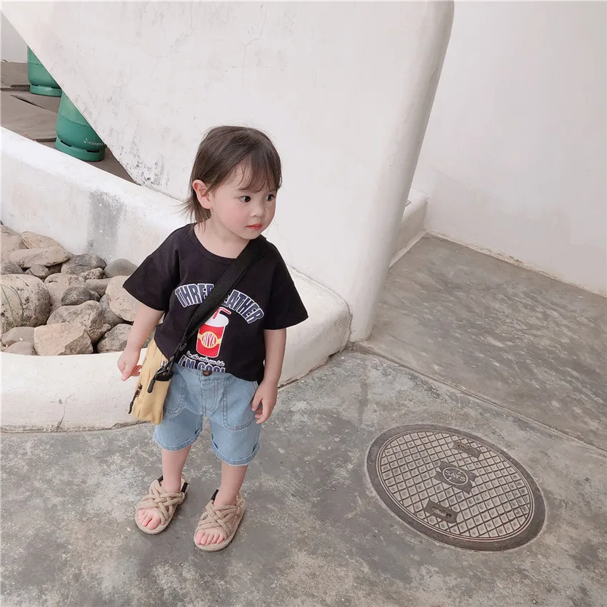 Новая летняя детская одежда свободные рубашки для отдыха с принтом в Корейском стиле для мальчиков и девочек детские топы с короткими рукавами