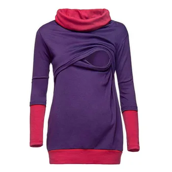 

New Turtleneck Women Pregnant Maternity Nursing T-Shirts Breastfeeding Clothing For Pregnant Women Patchwork Long Sleeve Shirt
