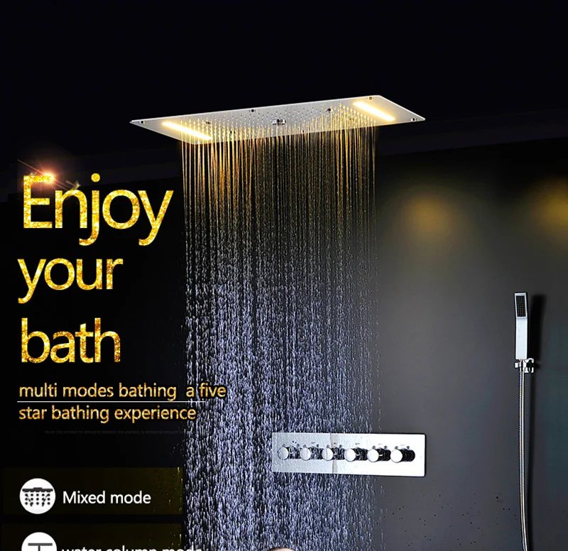 Luxury Shower Set Accessories Ceiling Multifunction Led Strip Shower Head Set with Rainfall Waterfall Spray Mist Water Column (1)