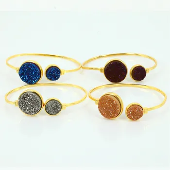 

simple style golden rainbow blue black grey orange round druzy stone charms golden base adjustable open bangles women