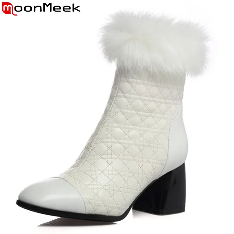 

MoonMeek fashion women boots black white square toe zipper genuine leather ladies boots elegant solid color ankle boots