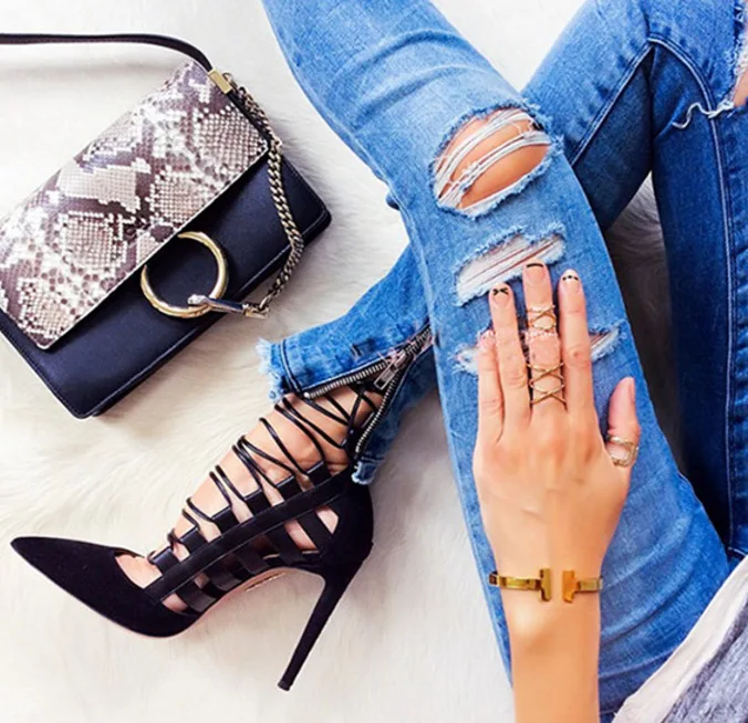 

Female High Fashion Ankle Sandals Chunky Block Medium Heel Pointed suede straps Pointed Toe femme Sexy Ladie Shoe Women