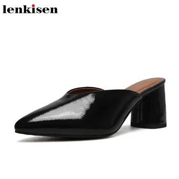

Lenkisen shallow new arrival solid pointed toe slip on full grain leather high heels mules fairy party runway women sandals L25
