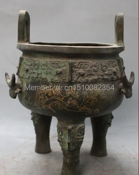 

11" Marked China Bronze Gilt Dragon Beast Bowl Ding Incense Burner Censer Statue
