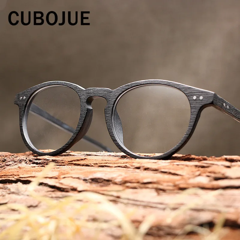 

Cubojue Vintage Round Acetate Glasses Women Men Wooden Grain Eyeglass Frames for Prescription Retro Spectacles Quality Brand